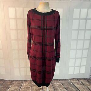 New York & Company Red Plaid Long Sleeve Knit Sweater Dress Size Large